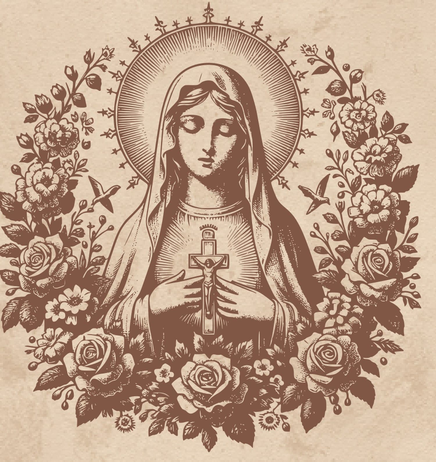 El grabado del mazo: María con las manos juntas sobre el pecho, rodeada de una corona de rosas, dibujado a una línea en sepia sobre el papel