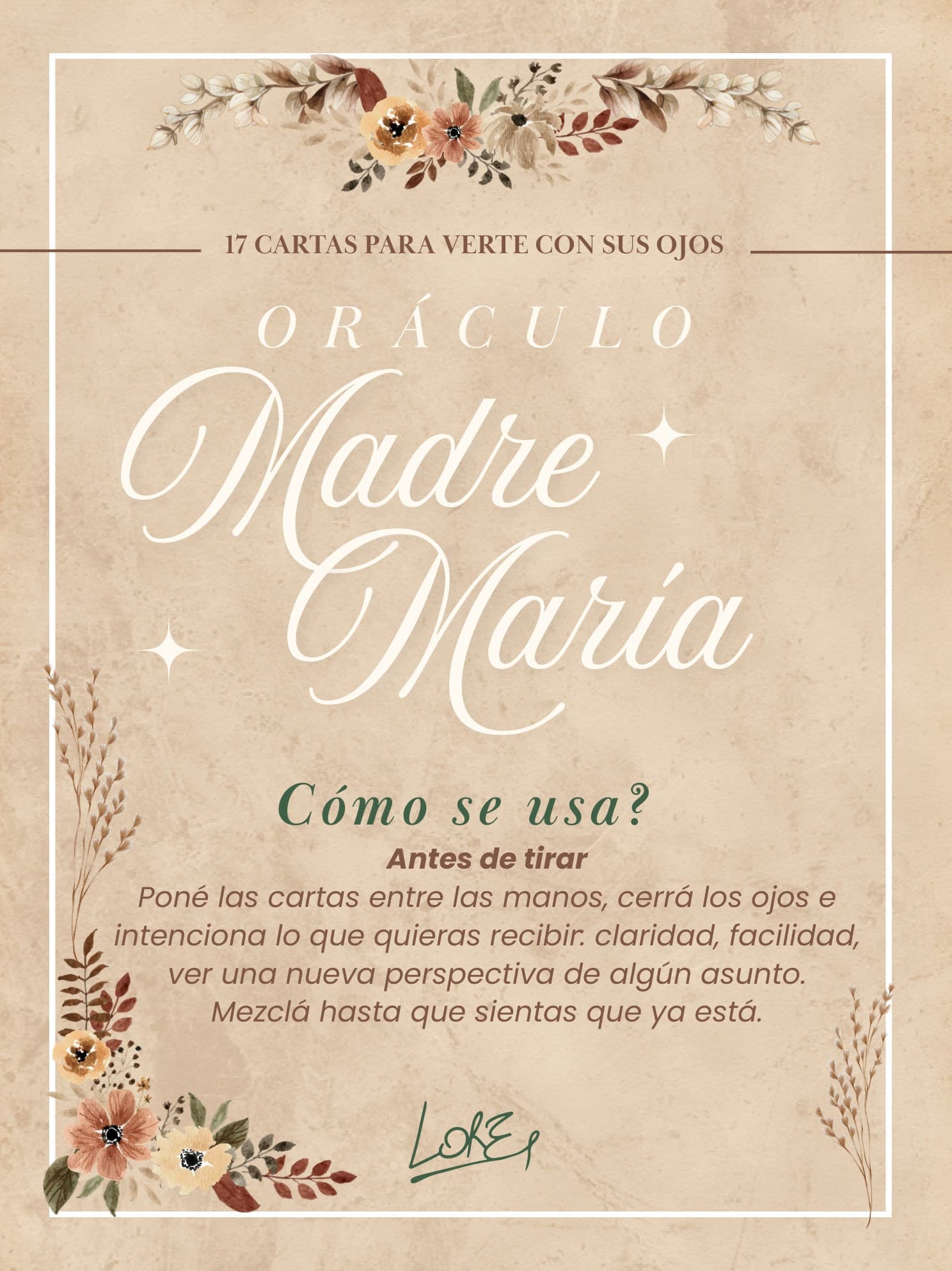 La portada del mazo: papel pergamino con un marco fino, flores pintadas arriba, y el nombre «Oráculo Madre María» en caligrafía